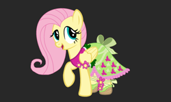 Size: 1024x611 | Tagged: safe, artist:scoutimusprime, imported from derpibooru, fluttershy, pegasus, pony, equestria girls, legend of everfree, black background, bow, clothes, dress, equestria girls outfit, equestria girls ponified, female, folded wings, looking sideways, open mouth, ponified, raised hoof, shoes, simple background, smiling, solo, tail bow