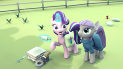 Size: 1920x1080 | Tagged: safe, artist:tehwatever, imported from derpibooru, maud pie, starlight glimmer, earth pony, pony, unicorn, 3d, duct tape, fence, glowing horn, kite, kite flying, paintbrush, scene interpretation, scissors, tape