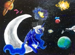 Size: 1024x751 | Tagged: safe, artist:colorsceempainting, imported from derpibooru, princess luna, alicorn, dolphin, pony, astronaut, black hole, blackhole, bored, canvas, equestria, female, helmet, moon, paint, painting, planet, solo, space, spaceship, sun, tangible heavenly object, traditional art, watermark