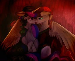 Size: 1894x1555 | Tagged: artist needed, source needed, safe, imported from derpibooru, princess celestia, oc, oc:myrilith, alicorn, pegasus, pony, canon x oc, celith, duo, kissing