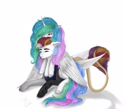 Size: 2492x2160 | Tagged: safe, artist:febl, imported from derpibooru, princess celestia, oc, oc:myrilith, alicorn, draconequus, pony, alicorn oc, canon x oc, celith, draconequus oc, duo, female, floppy ears, horn, lying down, lying on top of someone, male, mare, wings