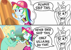 Size: 1229x858 | Tagged: safe, artist:ilaria122, artist:threetwotwo32232, imported from derpibooru, gladys, princess cadance, rainbow dash, zephyr breeze, alicorn, blue crushed, equestria girls, equestria girls series, always ship this, anti-shipping, belly button, clothes, comic, dialogue, exploitable meme, female, gladysdash, hat, male, meme, midriff, multicolored hair, my hero academia, parody, princess of shipping, shipper on deck, shipping, simple background, straight, surfboard, swimsuit, zephdash