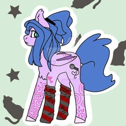 Size: 600x600 | Tagged: safe, artist:naomi-bluebonnet, imported from derpibooru, oc, oc only, oc:evelyn glasswater, bat pony, cat, pony, abstract background, bat pony oc, clothes, coat markings, colored hooves, female, mare, microphone, obtrusive watermark, ponytail, socks, solo, stars, striped socks, swirly markings, watermark