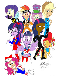 Size: 1024x1362 | Tagged: safe, artist:newportmuse, imported from derpibooru, applejack, fluttershy, pinkie pie, rainbow dash, rarity, sci-twi, sunset shimmer, twilight sparkle, oc, oc:twyla sparks, alicorn, human, black panther, clothes, cosplay, costume, hello kitty, hello kitty (character), humanized, mad hatter, mane six, naruto, quick draw mcgraw, sailor moon, sanrio, superman, the wonderful wasp, twilight sparkle (alicorn)