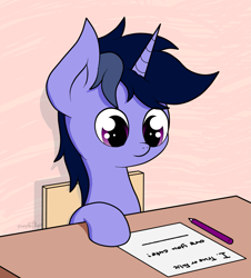 Size: 1289x1429 | Tagged: safe, artist:kimjoman, artist:php142, imported from derpibooru, oc, oc only, oc:purple flix, pony, cute, exam, finals, looking down, male, ocbetes, paper, pencil, question, reading, school, sitting, solo
