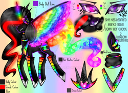 Size: 900x655 | Tagged: safe, artist:nekomellow, imported from derpibooru, oc, oc only, oc:princess neon boom, alicorn, bird, crow, pony, alicorn oc, colored horn, colored wings, converse, ear piercing, earring, female, gradient background, heterochromia, jewelry, mare, multicolored wings, piercing, rainbow background, rainbow tail, rainbow wings, shoes, solo