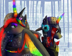 Size: 1100x850 | Tagged: safe, artist:terrac0tta, imported from derpibooru, oc, oc only, oc:prince neon bass, oc:princess neon boom, alicorn, original species, pony, abstract background, alicorn oc, brother and sister, colored horn, duo, ear piercing, earring, female, jewelry, male, mare, neon pony, piercing, regalia, stallion