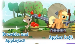 Size: 351x208 | Tagged: safe, idw, imported from derpibooru, applejack, bramble, apple, duo, food, gameloft, idw showified, machine