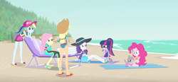 Size: 2272x1054 | Tagged: safe, imported from derpibooru, screencap, applejack, fluttershy, pinkie pie, rainbow dash, rarity, sci-twi, spike, spike the regular dog, twilight sparkle, dog, equestria girls, equestria girls series, forgotten friendship, ass, beach, beach towel, butt, clothes, feet, flip-flops, humane five, humane six, legs, midriff, one-piece swimsuit, sandals, sports bra, swimsuit, two-piece swimsuit