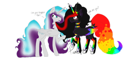 Size: 1280x621 | Tagged: safe, artist:whitephoxx, imported from derpibooru, oc, oc only, oc:frost heart, oc:princess neon boom, alicorn, original species, pony, alicorn oc, colored horn, colored wings, duo, ethereal mane, female, jewelry, mare, multicolored wings, neon pony, rainbow tail, rainbow wings, raised hoof, regalia, simple background, transparent background