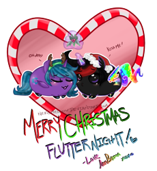 Size: 653x709 | Tagged: safe, artist:nekomellow, imported from derpibooru, oc, oc only, oc:flutter night, oc:princess neon boom, alicorn, original species, alicorn oc, christmas, chubbie, cute, female, glowing horn, hat, holiday, holly, holly mistaken for mistletoe, lesbian, magic, neon pony, oc x oc, santa hat, shipping, simple background, telekinesis, transparent background