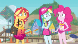 Size: 1920x1080 | Tagged: safe, imported from derpibooru, screencap, pinkie pie, rainbow dash, sunset shimmer, equestria girls, equestria girls series, forgotten friendship, most likely to be forgotten, animated, belly button, female, geode of empathy, geode of sugar bombs, geode of super speed, magical geodes, midriff, sound, webm