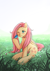 Size: 1200x1697 | Tagged: safe, artist:liny-an, imported from derpibooru, fluttershy, bird, pegasus, pony, backlighting, blushing, daytime, female, folded wings, grass, grass field, hoof hold, mare, nature, one eye closed, sitting, smiling, solo, sun, wink