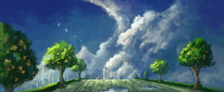 Size: 2108x869 | Tagged: safe, artist:plainoasis, imported from derpibooru, bird, pony, canterlot, cloud, painting, road, scenery, tree