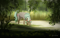 Size: 800x509 | Tagged: safe, artist:alicelgagne, imported from derpibooru, oc, oc only, oc:wisteria, pony, unicorn, cutie mark, drinking, female, floral head wreath, flower, forest, freckles, lidded eyes, mare, pond, reeds, scenery, solo, tree
