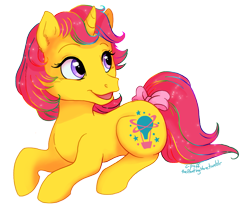Size: 911x780 | Tagged: safe, artist:c-puff, imported from derpibooru, baby explorer, unicorn, bow, female, g1, simple background, solo, tail bow, transparent background