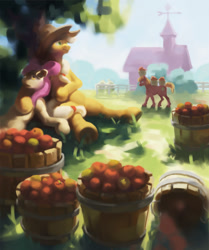 Size: 1088x1300 | Tagged: safe, artist:picturemixture, imported from derpibooru, apple bloom, applejack, big macintosh, apple, apple farm, food, tired