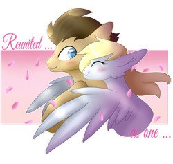 Size: 1024x972 | Tagged: safe, artist:kiara-kitten, imported from derpibooru, derpy hooves, doctor whooves, time turner, pony, doctorderpy, female, hug, male, petal, shipping, simple background, straight, transparent background, winghug