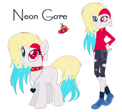 Size: 633x581 | Tagged: safe, artist:mintoria, imported from derpibooru, oc, oc only, oc:neon gore, earth pony, pony, equestria girls, choker, clothes, female, hand on hip, heterochromia, mare, simple background, solo, spiked choker, transparent background