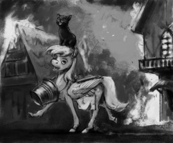 Size: 800x661 | Tagged: safe, artist:adeptus-monitus, imported from derpibooru, derpy hooves, cat, black cat, bucket, female, fire, folded wings, monochrome, sitting on head, solo, walking