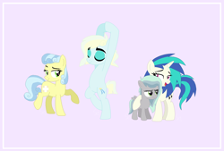 Size: 1024x694 | Tagged: safe, artist:fidgett-foott, imported from derpibooru, dj pon-3, nurse coldheart, nurse snowheart, vinyl scratch, oc, oc:shining star, oc:stunt double, coldvinyl, crack shipping, female, lesbian, magical lesbian spawn, offspring, parent:nurse coldheart, parent:vinyl scratch, parents:coldvinyl, shipping