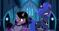 Size: 1906x1014 | Tagged: safe, artist:themisslittledevil, imported from derpibooru, princess luna, oc, oc:midnight dreams, alicorn, pony, bags under eyes, female, horn ring, mare, mother and daughter, offspring, parent:king sombra, parent:princess luna, parents:lumbra