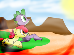 Size: 1024x768 | Tagged: safe, artist:biosonic100, imported from derpibooru, apple bloom, spike, dragon, pony, fanfic:blooming travels, alternate cutie mark, alternate universe, cover art, fanfic, fanfic art, female, male, mare, mountain, older, older apple bloom, older spike, river, shipping, spikebloom, straight, sun, teenage apple bloom, teenage spike, teenager