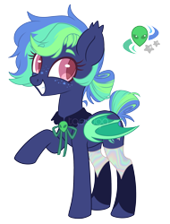 Size: 2027x2667 | Tagged: safe, artist:hawthornss, deleted from derpibooru, imported from derpibooru, oc, oc only, oc:alien encounter, alien, bat pony, bat pony oc, clothes, cute, cute little fangs, ear fluff, fangs, freckles, hair bun, happy, looking at you, simple background, smiling, socks, solo, stockings, thigh highs, transparent background