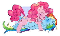 Size: 1024x625 | Tagged: safe, artist:drawbauchery, imported from derpibooru, pinkie pie, rainbow dash, earth pony, pegasus, pony, blushing, eyes closed, female, happy, lesbian, mare, open mouth, pinkiedash, shipping, watermark