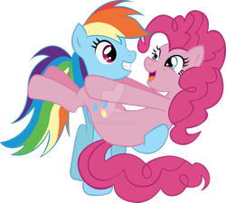 Size: 1600x1438 | Tagged: safe, artist:james-li, imported from derpibooru, pinkie pie, rainbow dash, earth pony, pegasus, pony, female, lesbian, looking at each other, mare, open mouth, pinkiedash, shipping, simple background, smiling, transparent background, watermark