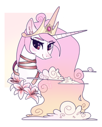 Size: 1024x1280 | Tagged: safe, artist:nazori, imported from derpibooru, princess celestia, alicorn, pony, bust, cloud, crown, female, flower, jewelry, mare, pink-mane celestia, portrait, regalia, solo