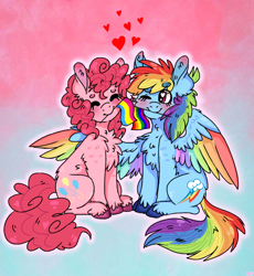 Size: 708x768 | Tagged: safe, artist:wanderingpegasus, imported from derpibooru, pinkie pie, rainbow dash, earth pony, pegasus, pony, colored wings, duo, female, flag, gay pride, gay pride flag, lesbian, mare, mouth hold, multicolored wings, pansexual, pansexual pride flag, pinkiedash, pride, rainbow wings, shipping