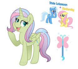 Size: 1818x1614 | Tagged: safe, artist:stephanoodle, deleted from derpibooru, imported from derpibooru, fluttershy, trixie, alicorn, pony, fusion, lidded eyes, smiling, solo