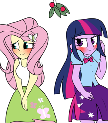 Size: 587x666 | Tagged: safe, artist:tehgamingcherryyt, imported from derpibooru, fluttershy, twilight sparkle, equestria girls, female, holly, holly mistaken for mistletoe, lesbian, shipping, simple background, twishy, white background