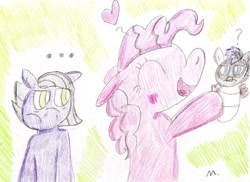 Size: 1970x1437 | Tagged: safe, artist:ptitemouette, imported from derpibooru, limestone pie, pinkie pie, oc, oc:rock skull, earth pony, pony, ..., bags under eyes, blushing, eyes closed, female, floating heart, floppy ears, heart, magical lesbian spawn, mare, offspring, parent:gilda, parent:limestone pie, parents:gildastone, question mark, smiling