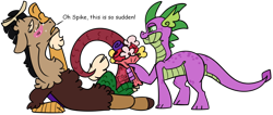 Size: 1654x699 | Tagged: safe, artist:spuds-mcfrenzy, artist:spudsmcfrenzy, imported from derpibooru, discord, spike, draconequus, dragon, blushing, bouquet, dispike, flower, gay, male, older, shipping, simple background, speech, transparent background