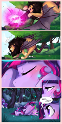 Size: 1024x2048 | Tagged: safe, artist:wilvarin-liadon, imported from derpibooru, spike, twilight sparkle, alicorn, dragon, manticore, pony, comic:the curse of the elements, backpack, claws, comic, dazed, everfree forest, fangs, food, magic, mushroom, sandwich, speech bubble, teleportation, twilight sparkle (alicorn), wings