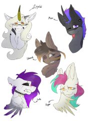 Size: 1024x1365 | Tagged: safe, artist:akiiichaos, imported from derpibooru, oc, oc only, oc:crystal, oc:luka, oc:max, oc:sharah, oc:sugar, pegasus, pony, unicorn, black sclera, bust, colored horn, female, male, mare, portrait, simple background, stallion, transparent background