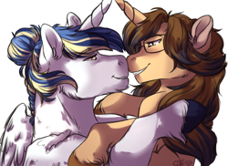 Size: 820x596 | Tagged: safe, artist:cutedoggyes, imported from derpibooru, oc, oc only, oc:marina seasong, oc:silver song, alicorn, pony, unicorn, alicorn oc, eye contact, fanart, female, glasses, horns are touching, looking at each other, mare, simple background, unshorn fetlocks, white background