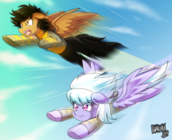 Size: 4500x3667 | Tagged: safe, artist:danmakuman, imported from derpibooru, cloudchaser, oc, oc:shine racer, pegasus, pony, absurd resolution, clothes, commission, flying, open mouth, smiling