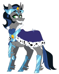 Size: 1594x1999 | Tagged: safe, artist:ajue, imported from derpibooru, king sombra, pony, unicorn, alternate universe, armor, cape, clothes, comics, cute, good king sombra, goofy, grin, handsome, leonine tail, majestic as fuck, male, mirror universe, raised hoof, simple background, smiling, solo, sombradorable, stallion, stupid sexy good king sombra, stupid sexy sombra, transparent background