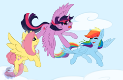 Size: 2000x1300 | Tagged: safe, artist:flysouldragon, artist:sinrinf, imported from derpibooru, fluttershy, rainbow dash, twilight sparkle, alicorn, pegasus, pony, cloud, female, first flight, flying, flying lesson, horn, mare, sky, spread wings, twilight sparkle (alicorn), wings