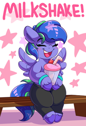 Size: 2400x3510 | Tagged: safe, artist:graphene, imported from derpibooru, oc, oc only, oc:felicity stars, pegasus, pony, clothes, cute, female, filly, mare, milkshake, pants, solo, yoga pants, younger
