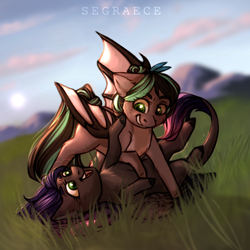 Size: 1024x1024 | Tagged: safe, artist:segraece, imported from derpibooru, oc, oc only, oc:cocoa dot, oc:evening howler, bat pony, pegasus, pony, bat pony oc, chest fluff, commission, duo, female, field, grass, leonine tail, looking at each other, mare, mountain, playing, scenery, smiling
