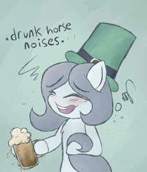 Size: 1200x1400 | Tagged: safe, artist:drabbella, imported from derpibooru, oc, oc only, oc:hattsy, earth pony, pony, alcohol, beer, bipedal, blue background, blushing, chest fluff, descriptive noise, drunk, eyes closed, female, hat, holiday, hoof hold, horse noises, mare, mug, open mouth, saint patrick's day, simple background, smiling, solo, top hat