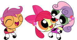 Size: 1281x661 | Tagged: safe, artist:phucknuckl, imported from derpibooru, apple bloom, scootaloo, sweetie belle, cutie mark crusaders, powerpuffified, simple background, the powerpuff girls, transparent background