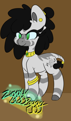 Size: 588x1000 | Tagged: safe, imported from derpibooru, oc, oc only, oc:ziggy zaggy, zebra, ear piercing, female, mare, piercing, ponytail, solo, zebra oc