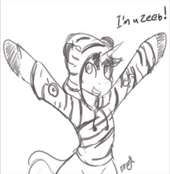 Size: 631x644 | Tagged: safe, artist:dragk, imported from derpibooru, oc, oc only, oc:dragk, pony, unicorn, animal print clothing, bipedal, clothes, colored hooves, femboy, hoodie, looking at you, male, sketch, smiling, solo, speech, stripes, zebra hoodie, zebra print, zeeb