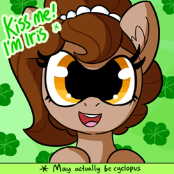 Size: 3000x3000 | Tagged: safe, artist:dsp2003, artist:tjpones, artist:tjpones edits, edit, imported from derpibooru, cyclops pony, oc, oc only, oc:brownie bun, cyclops, earth pony, pony, horse wife, abstract background, bust, clover, dialogue, ear fluff, female, four leaf clover, holiday, kiss me i'm irish, looking at you, mare, open mouth, pun, saint patrick's day, solo, sonic dreams, text, text edit, wat