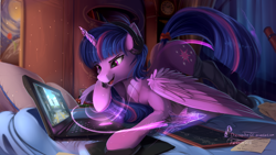 Size: 1920x1080 | Tagged: safe, artist:discordthege, imported from derpibooru, twilight sparkle, alicorn, pony, bed, bedroom, chalkboard, clothes, computer, female, fighter, hologram, horn, jet, jet fighter, kerbal space program, laptop computer, magic, mare, mig-31, pillow, smiling, socks, solo, thigh highs, twilight sparkle (alicorn), video game, wallpaper, wings